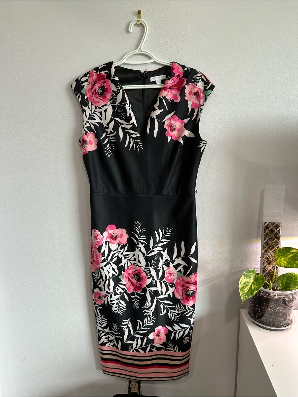 New York & Company Black Midi Floral Sheath Dress with Pink Accents
